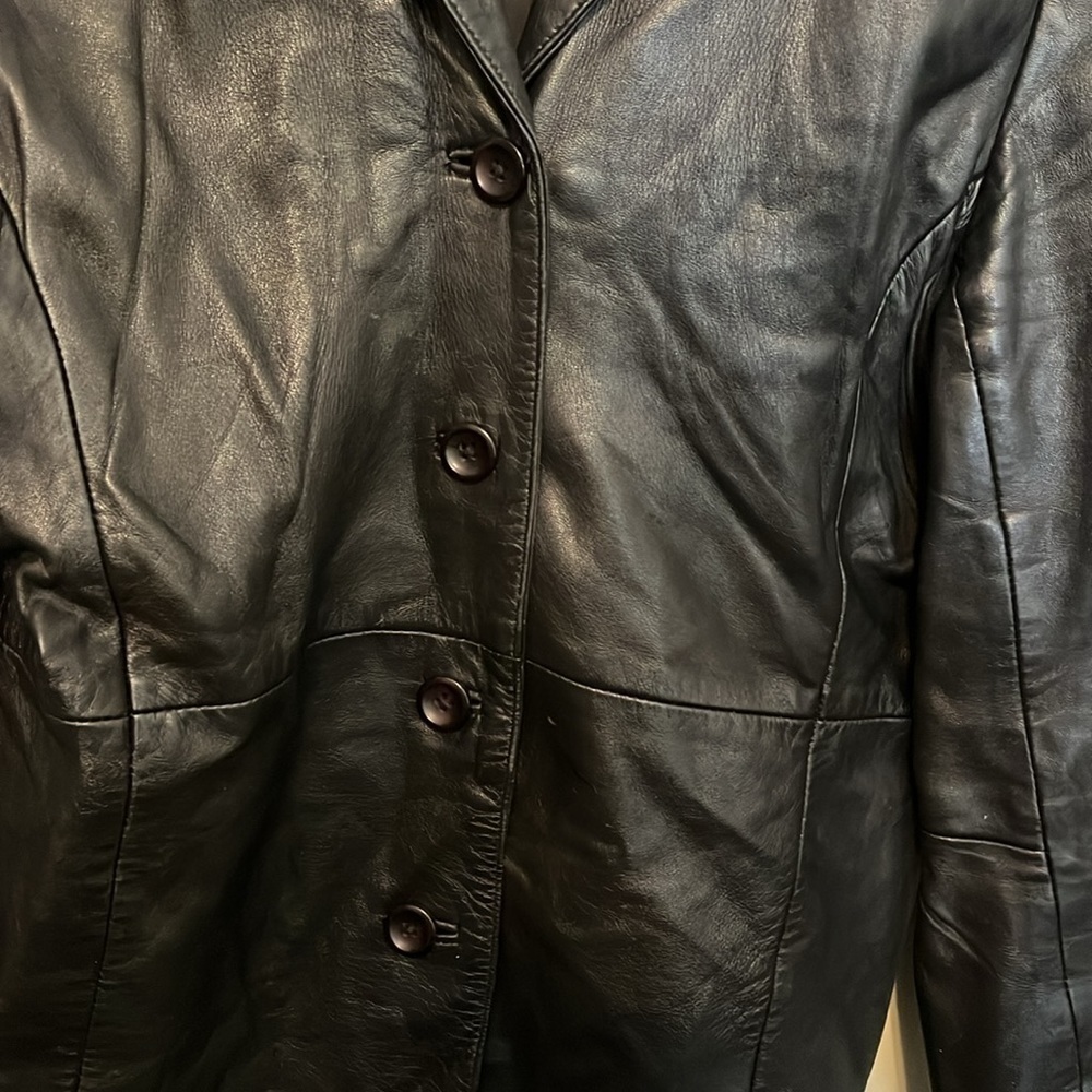 Old Navy 100% genuine leather coat women’s size large button front black - Picture 4 of 5